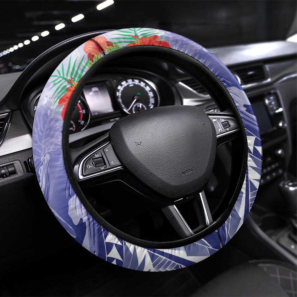 Chuuk States Humpback Whale Steering Wheel Cover Polynesian Tropical Flowers