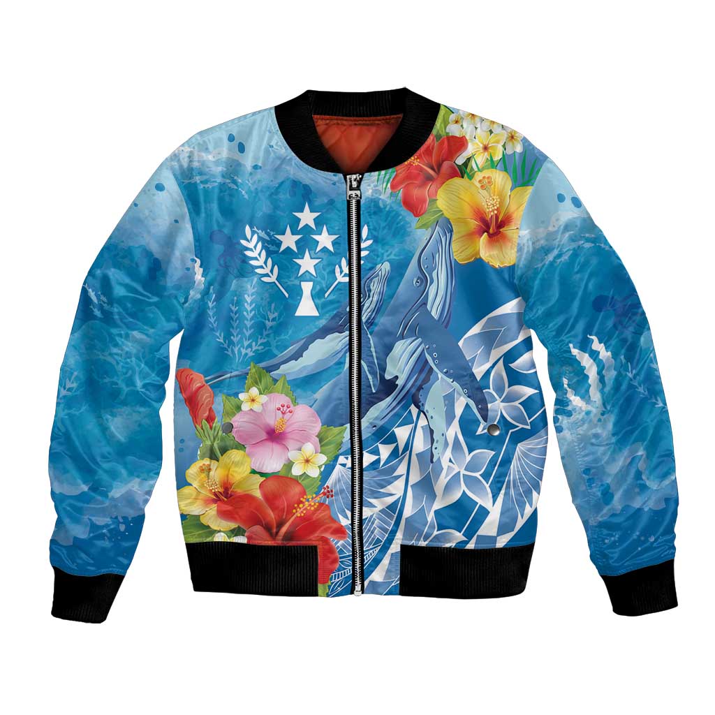 Personalised Kosrae States Humpback Whale Bomber Jacket Polynesian Tropical Flowers