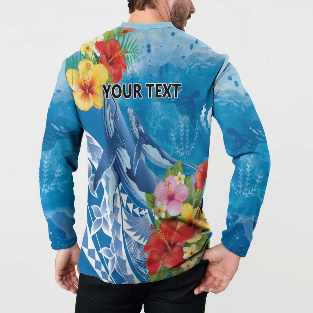 Personalised Kosrae States Humpback Whale Button Sweatshirt Polynesian Tropical Flowers