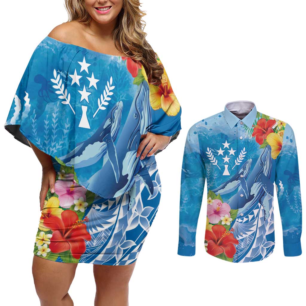 Personalised Kosrae States Humpback Whale Couples Matching Off Shoulder Short Dress and Long Sleeve Button Shirt Polynesian Tropical Flowers