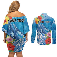 Personalised Kosrae States Humpback Whale Couples Matching Off Shoulder Short Dress and Long Sleeve Button Shirt Polynesian Tropical Flowers