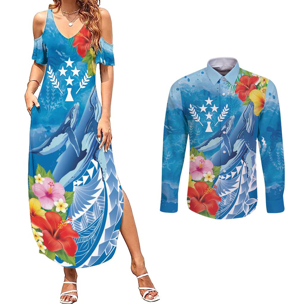 Personalised Kosrae States Humpback Whale Couples Matching Summer Maxi Dress and Long Sleeve Button Shirt Polynesian Tropical Flowers