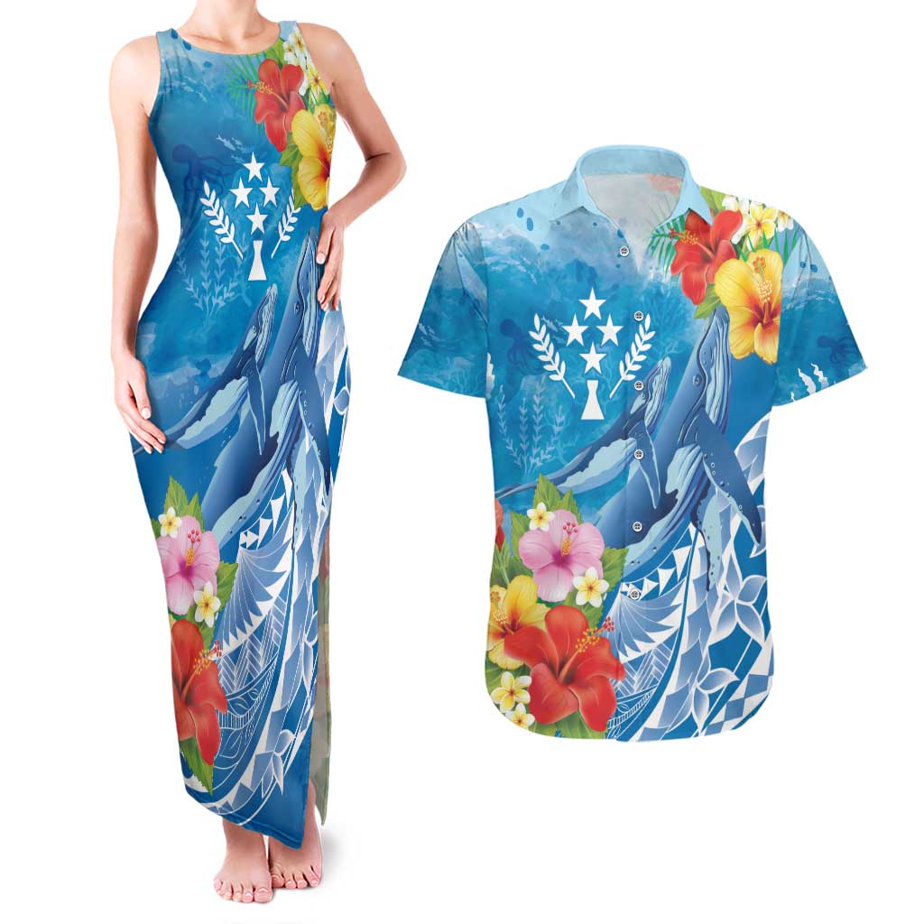 Personalised Kosrae States Humpback Whale Couples Matching Tank Maxi Dress and Hawaiian Shirt Polynesian Tropical Flowers