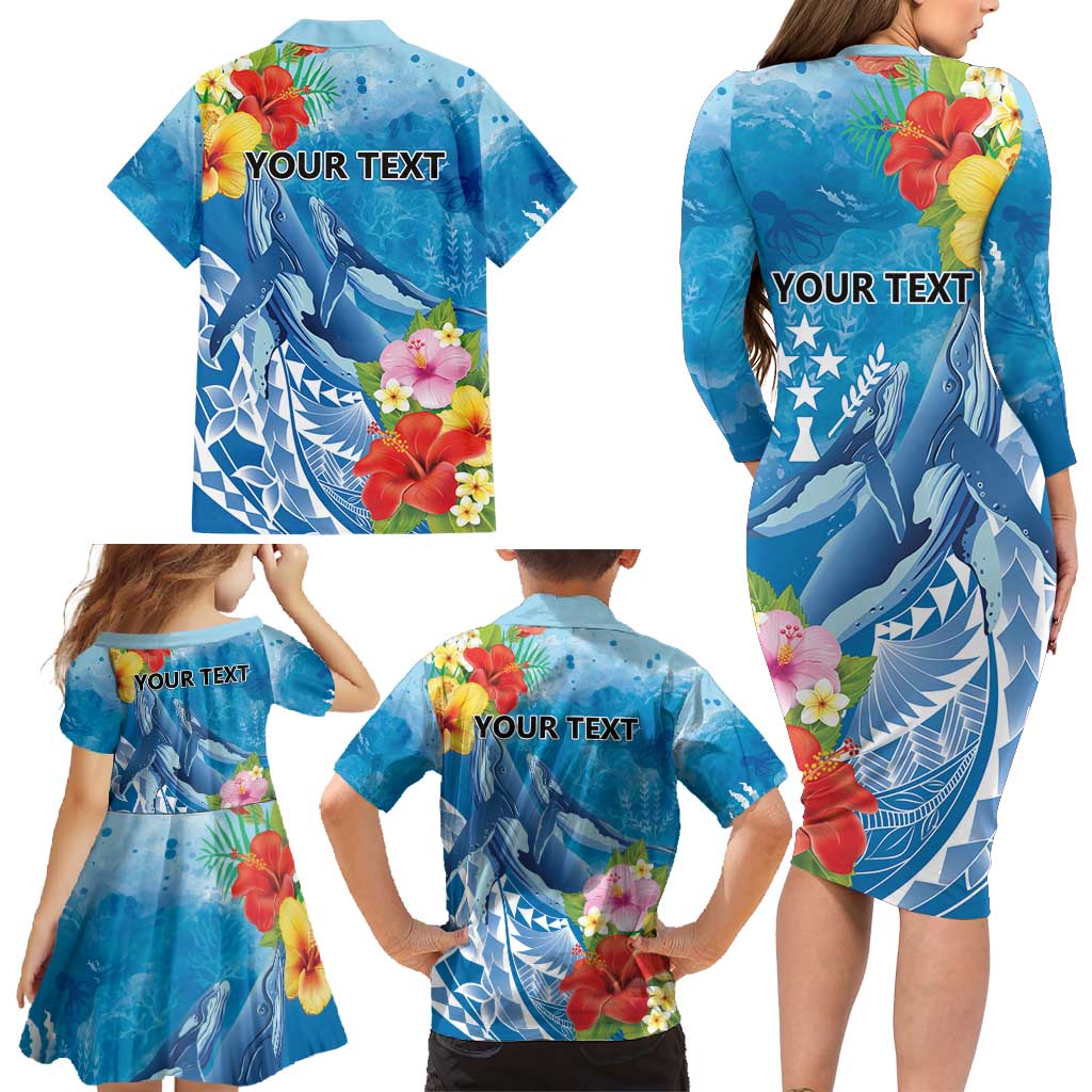 Personalised Kosrae States Humpback Whale Family Matching Long Sleeve Bodycon Dress and Hawaiian Shirt Polynesian Tropical Flowers