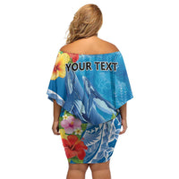 Personalised Kosrae States Humpback Whale Family Matching Off Shoulder Short Dress and Hawaiian Shirt Polynesian Tropical Flowers