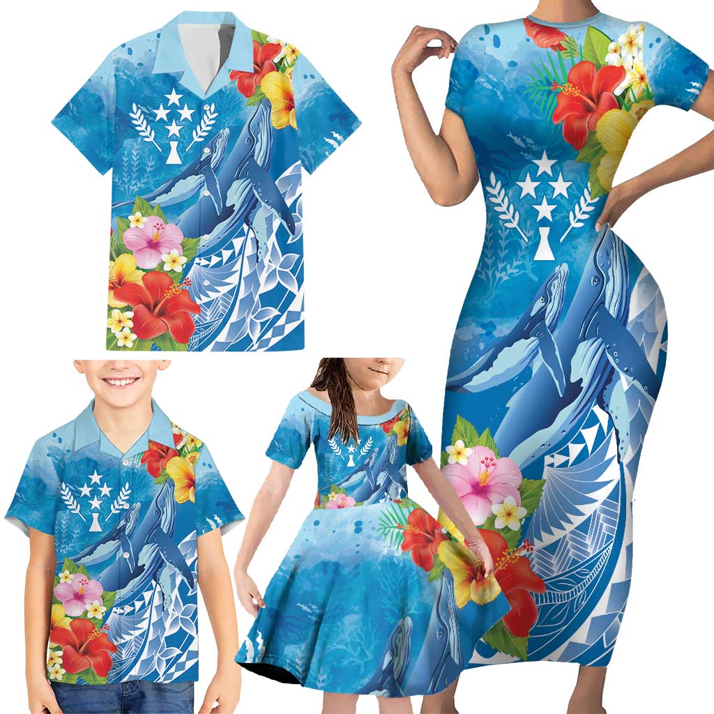 Personalised Kosrae States Humpback Whale Family Matching Short Sleeve Bodycon Dress and Hawaiian Shirt Polynesian Tropical Flowers