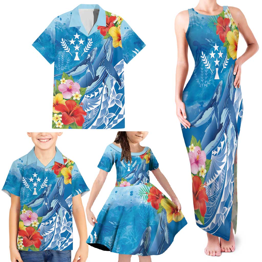 Personalised Kosrae States Humpback Whale Family Matching Tank Maxi Dress and Hawaiian Shirt Polynesian Tropical Flowers