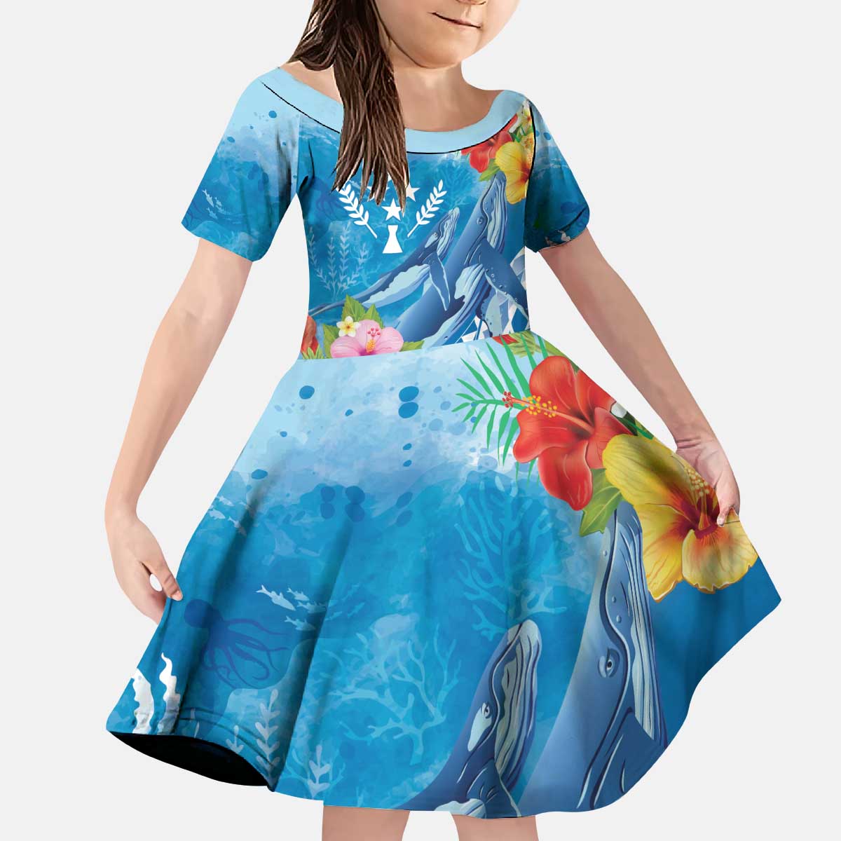 Personalised Kosrae States Humpback Whale Kid Short Sleeve Dress Polynesian Tropical Flowers