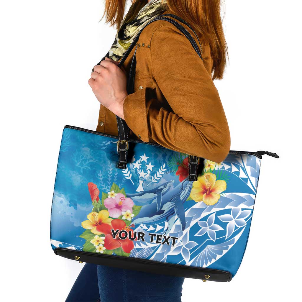 Personalised Kosrae States Humpback Whale Leather Tote Bag Polynesian Tropical Flowers