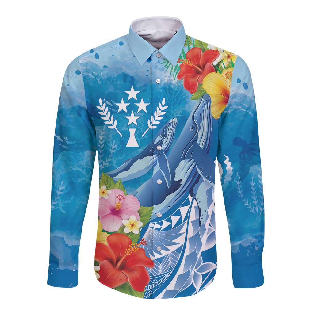 Personalised Kosrae States Humpback Whale Long Sleeve Button Shirt Polynesian Tropical Flowers