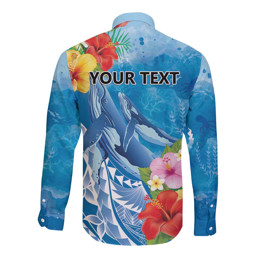 Personalised Kosrae States Humpback Whale Long Sleeve Button Shirt Polynesian Tropical Flowers