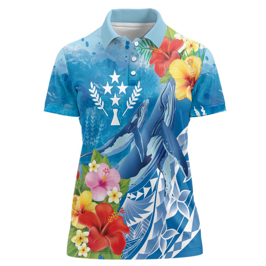 Personalised Kosrae States Humpback Whale Women Polo Shirt Polynesian Tropical Flowers