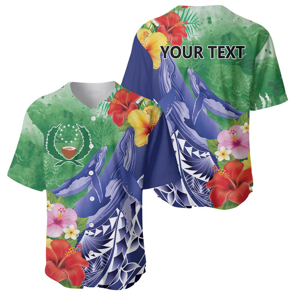 Personalised Pohnpei States Humpback Whale Baseball Jersey Polynesian Tropical Flowers