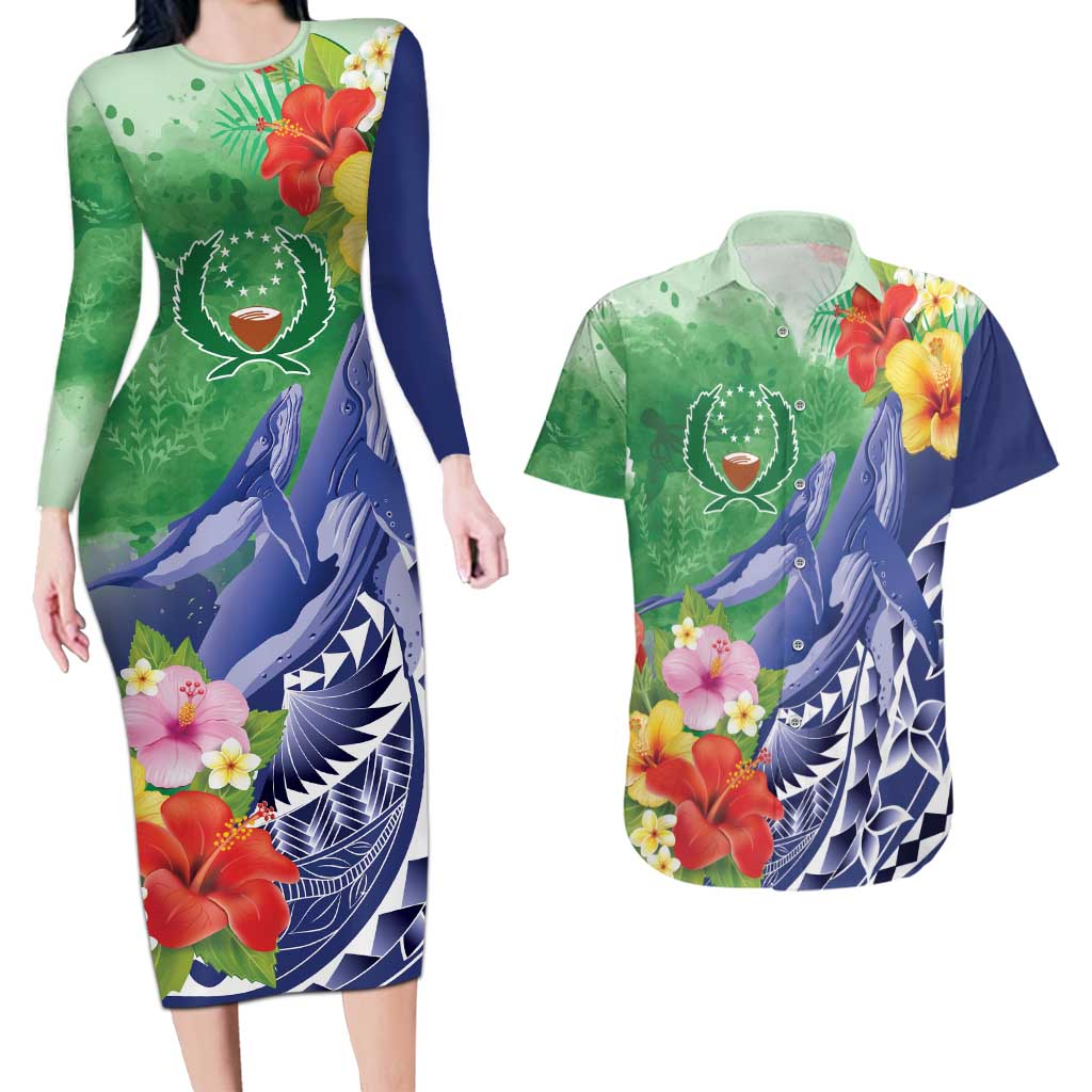 Personalised Pohnpei States Humpback Whale Couples Matching Long Sleeve Bodycon Dress and Hawaiian Shirt Polynesian Tropical Flowers