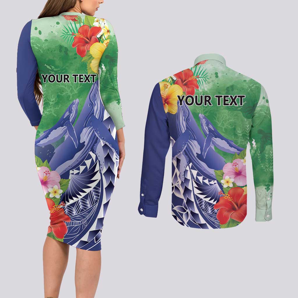 Personalised Pohnpei States Humpback Whale Couples Matching Long Sleeve Bodycon Dress and Long Sleeve Button Shirt Polynesian Tropical Flowers