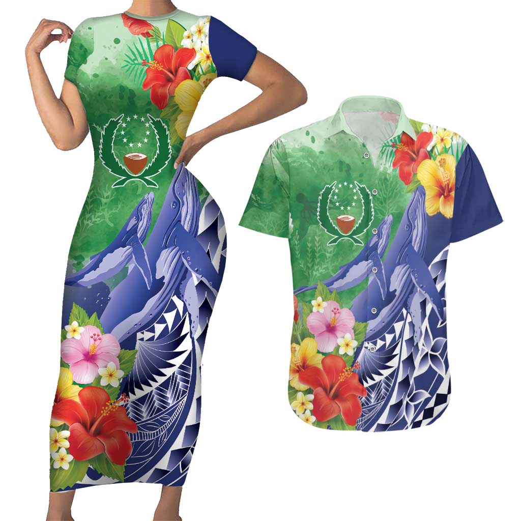 Personalised Pohnpei States Humpback Whale Couples Matching Short Sleeve Bodycon Dress and Hawaiian Shirt Polynesian Tropical Flowers