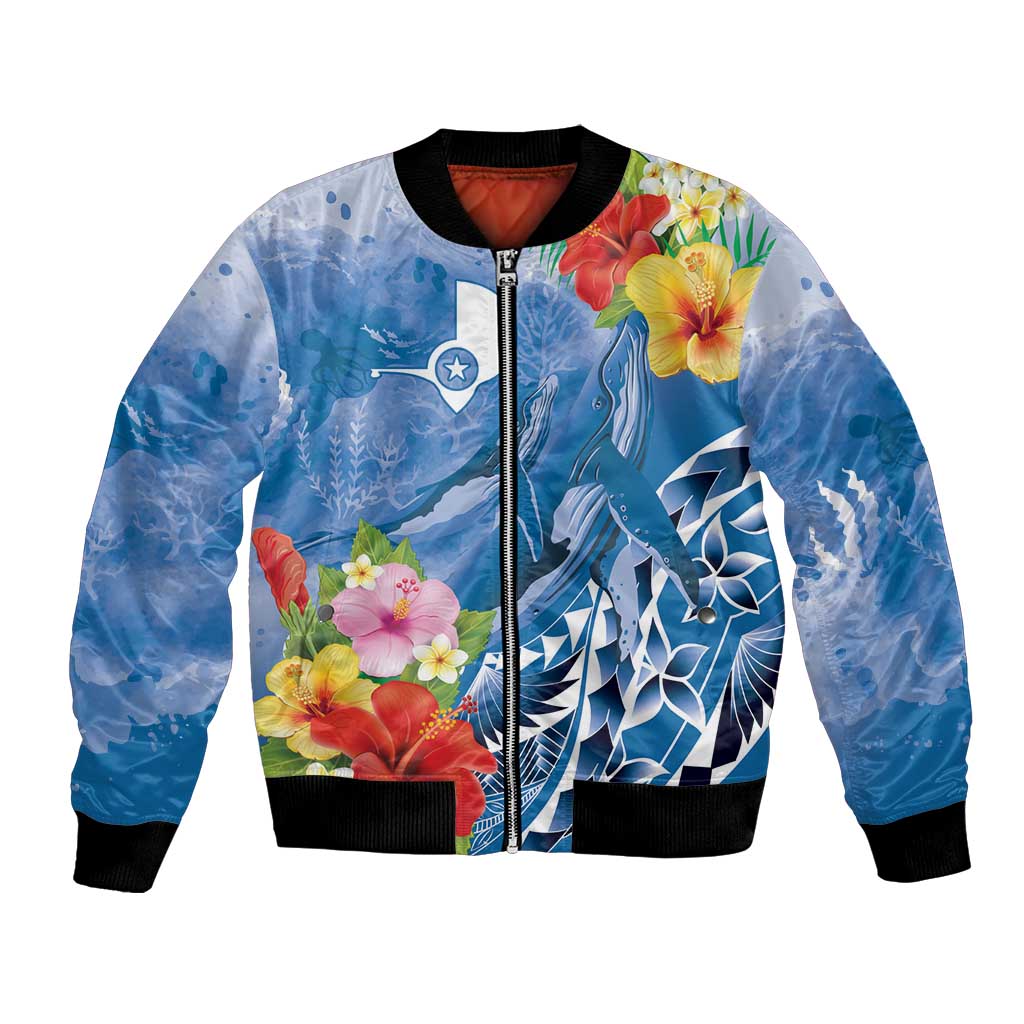 Personalised Yap States Humpback Whale Bomber Jacket Polynesian Tropical Flowers