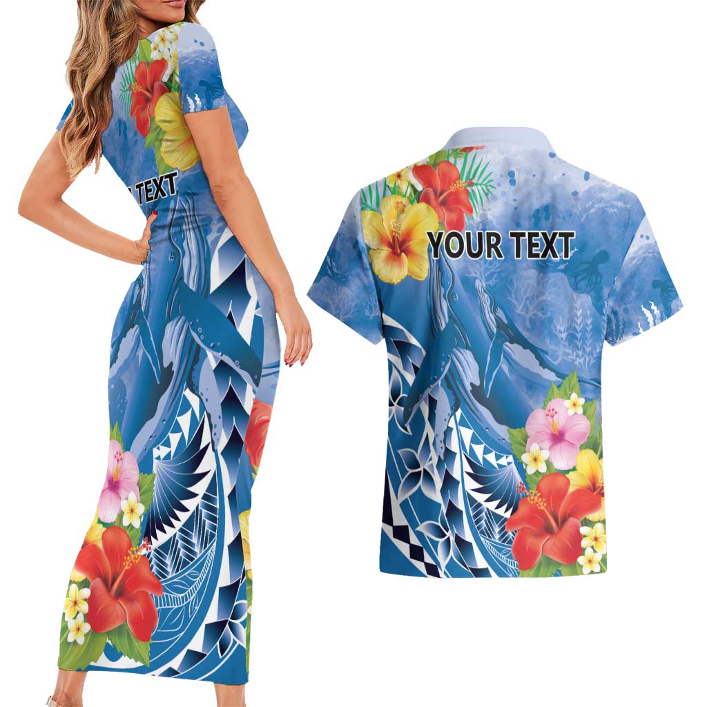 Personalised Yap States Humpback Whale Couples Matching Short Sleeve Bodycon Dress and Hawaiian Shirt Polynesian Tropical Flowers