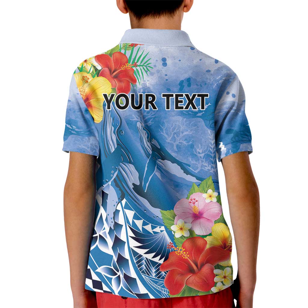 Personalised Yap States Humpback Whale Kid Polo Shirt Polynesian Tropical Flowers