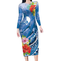 Personalised Yap States Humpback Whale Long Sleeve Bodycon Dress Polynesian Tropical Flowers