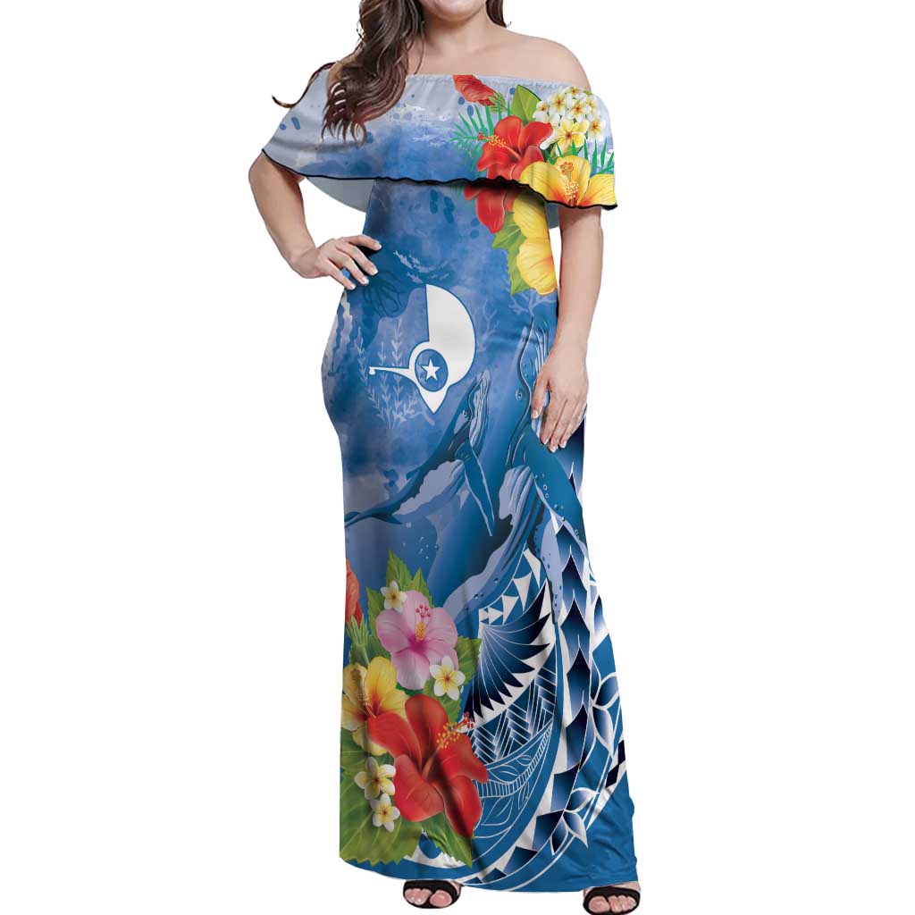 Personalised Yap States Humpback Whale Off Shoulder Maxi Dress Polynesian Tropical Flowers