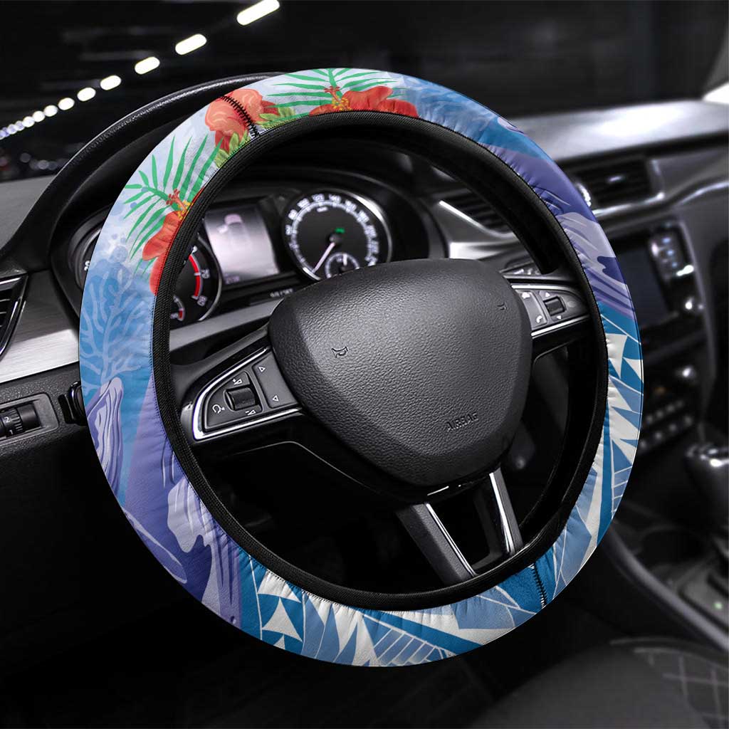 Yap States Humpback Whale Steering Wheel Cover Polynesian Tropical Flowers