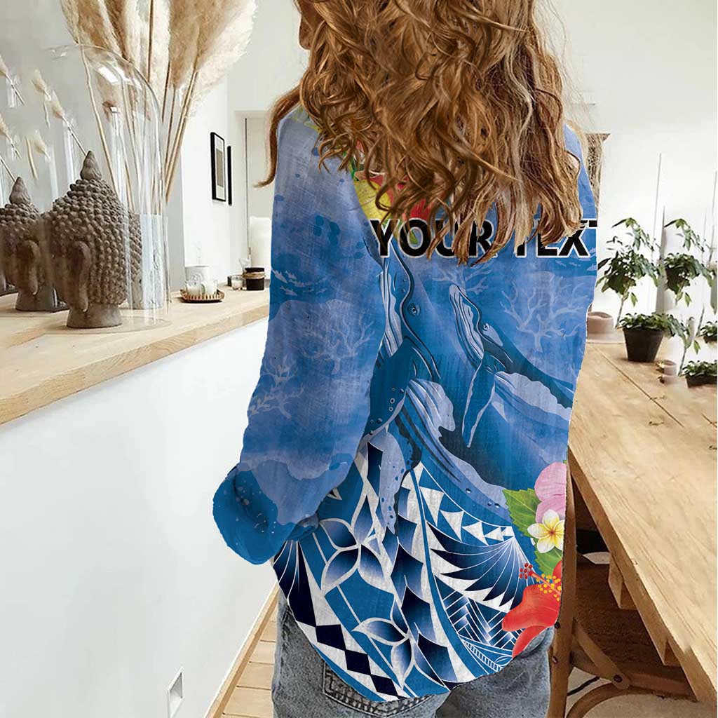 Personalised Yap States Humpback Whale Women Casual Shirt Polynesian Tropical Flowers