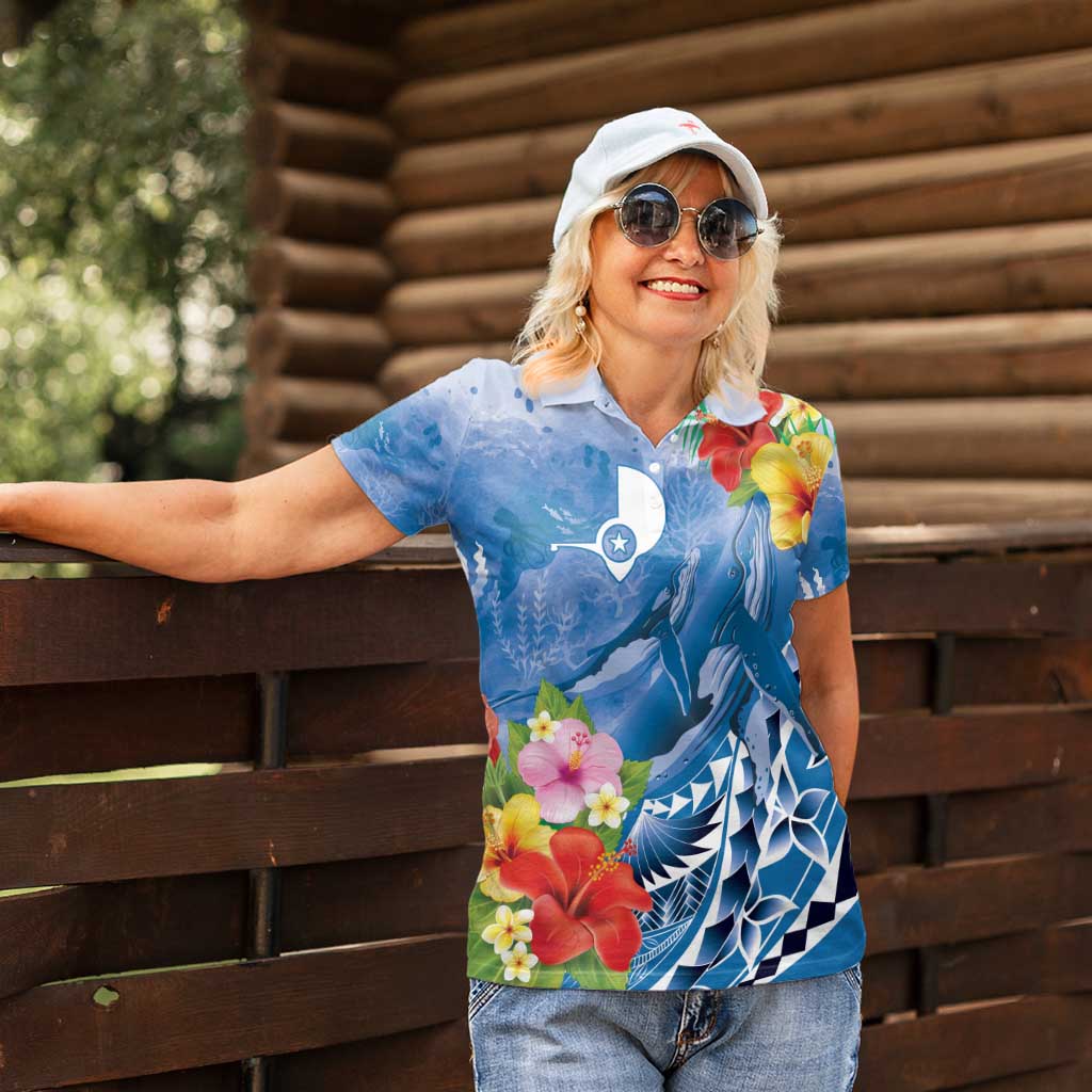 Personalised Yap States Humpback Whale Women Polo Shirt Polynesian Tropical Flowers