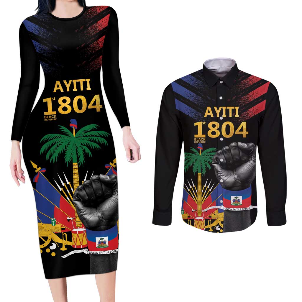 Haiti Independence Day Couples Matching Long Sleeve Bodycon Dress and Long Sleeve Button Shirt The First Black Republic Since 1804