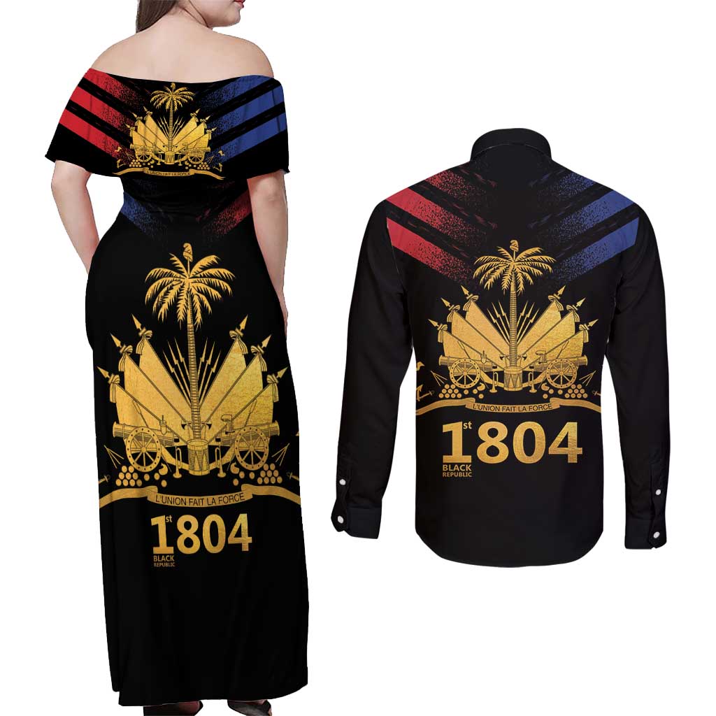 Haiti Independence Day Couples Matching Off Shoulder Maxi Dress and Long Sleeve Button Shirt The First Black Republic Since 1804