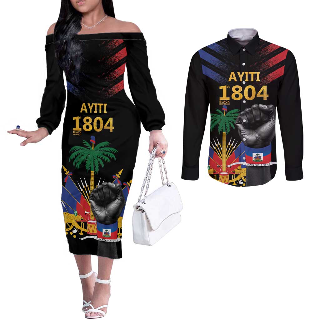 Haiti Independence Day Couples Matching Off The Shoulder Long Sleeve Dress and Long Sleeve Button Shirt The First Black Republic Since 1804