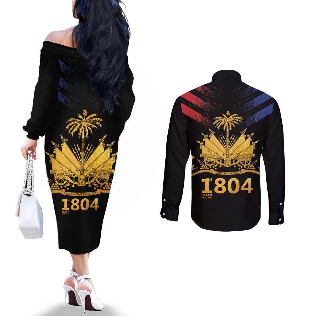 Haiti Independence Day Couples Matching Off The Shoulder Long Sleeve Dress and Long Sleeve Button Shirt The First Black Republic Since 1804