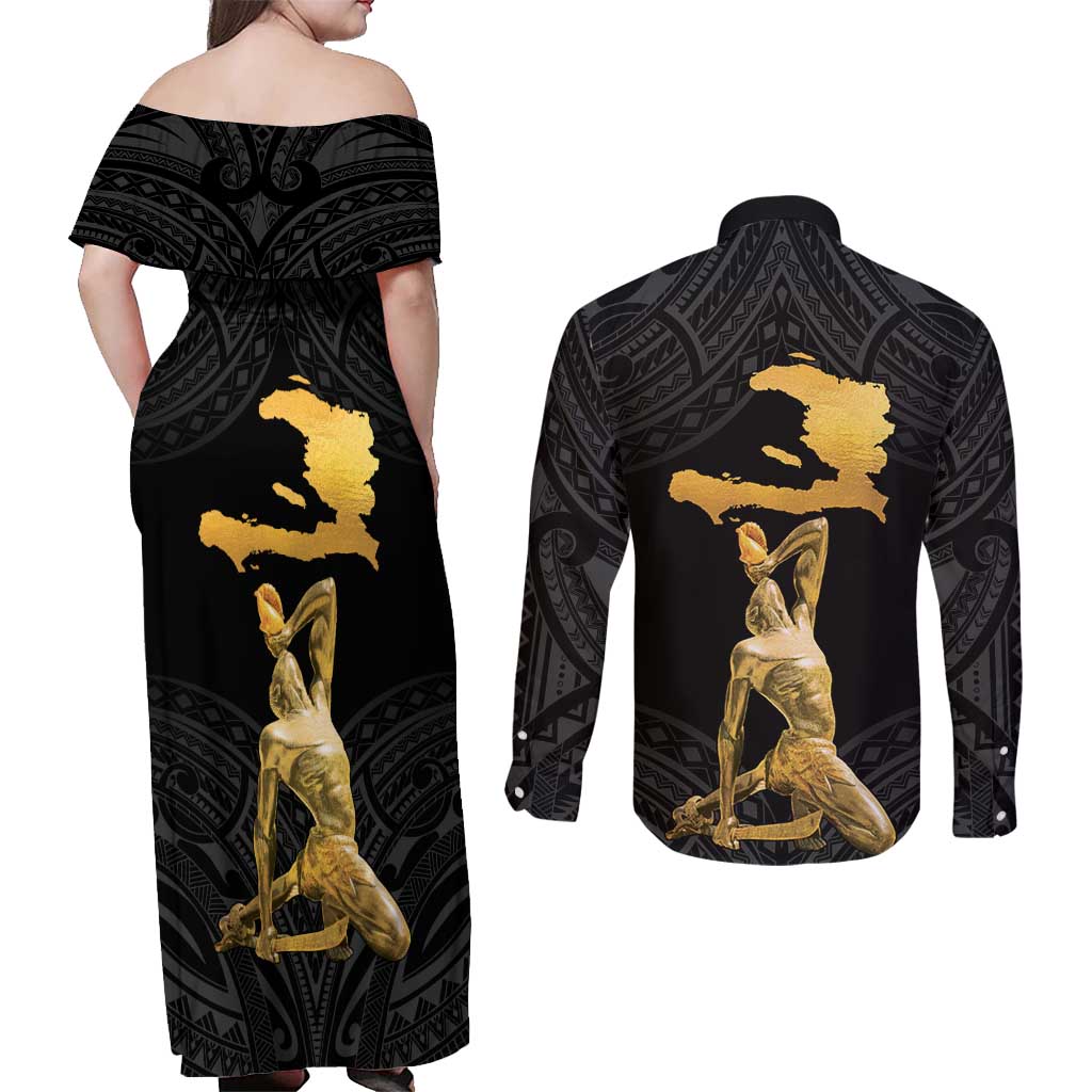 Haitian Negre Marron 1804 Couples Matching Off Shoulder Maxi Dress and Long Sleeve Button Shirt Black Polynesian Pattern
