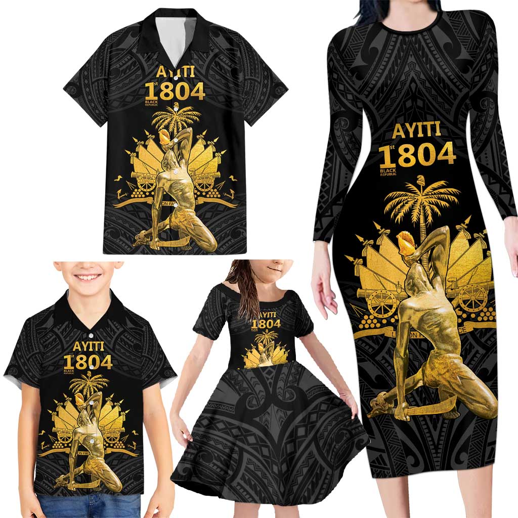 Haitian Negre Marron 1804 Family Matching Long Sleeve Bodycon Dress and Hawaiian Shirt Black Polynesian Pattern