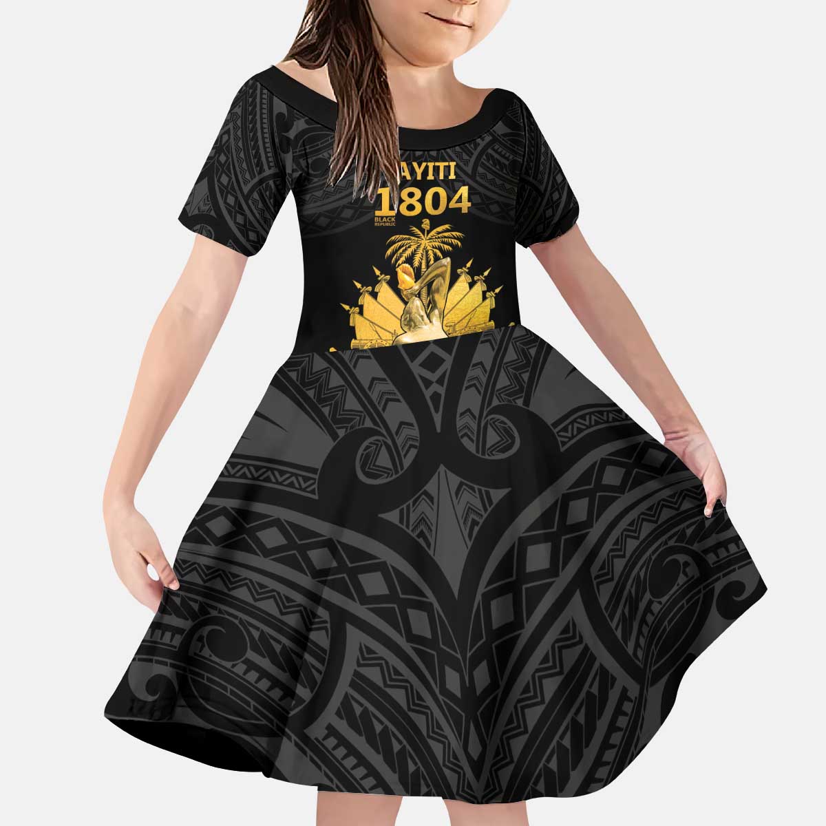 Haitian Negre Marron 1804 Kid Short Sleeve Dress Black Polynesian Pattern