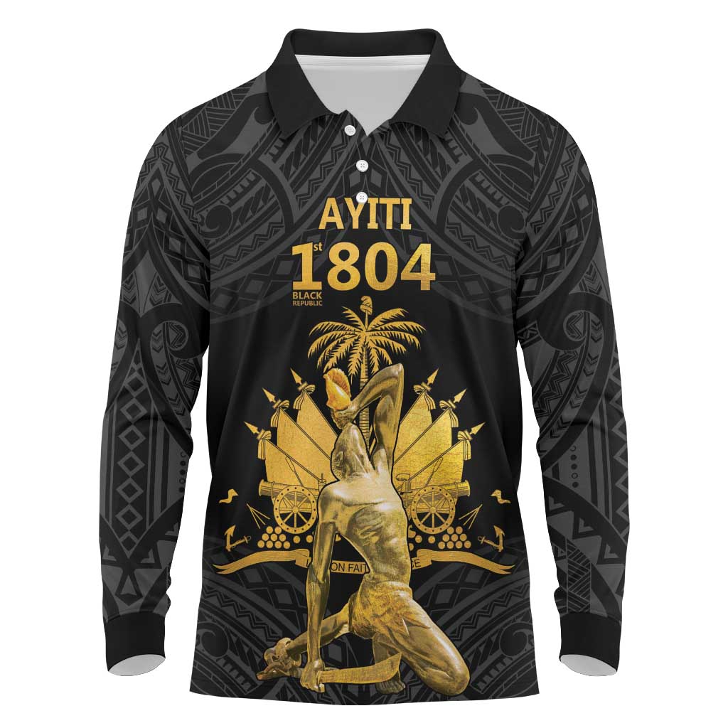 Haitian Negre Marron 1804 Long Sleeve Polo Shirt Black Polynesian Pattern LT9 Black - Polynesian Pride