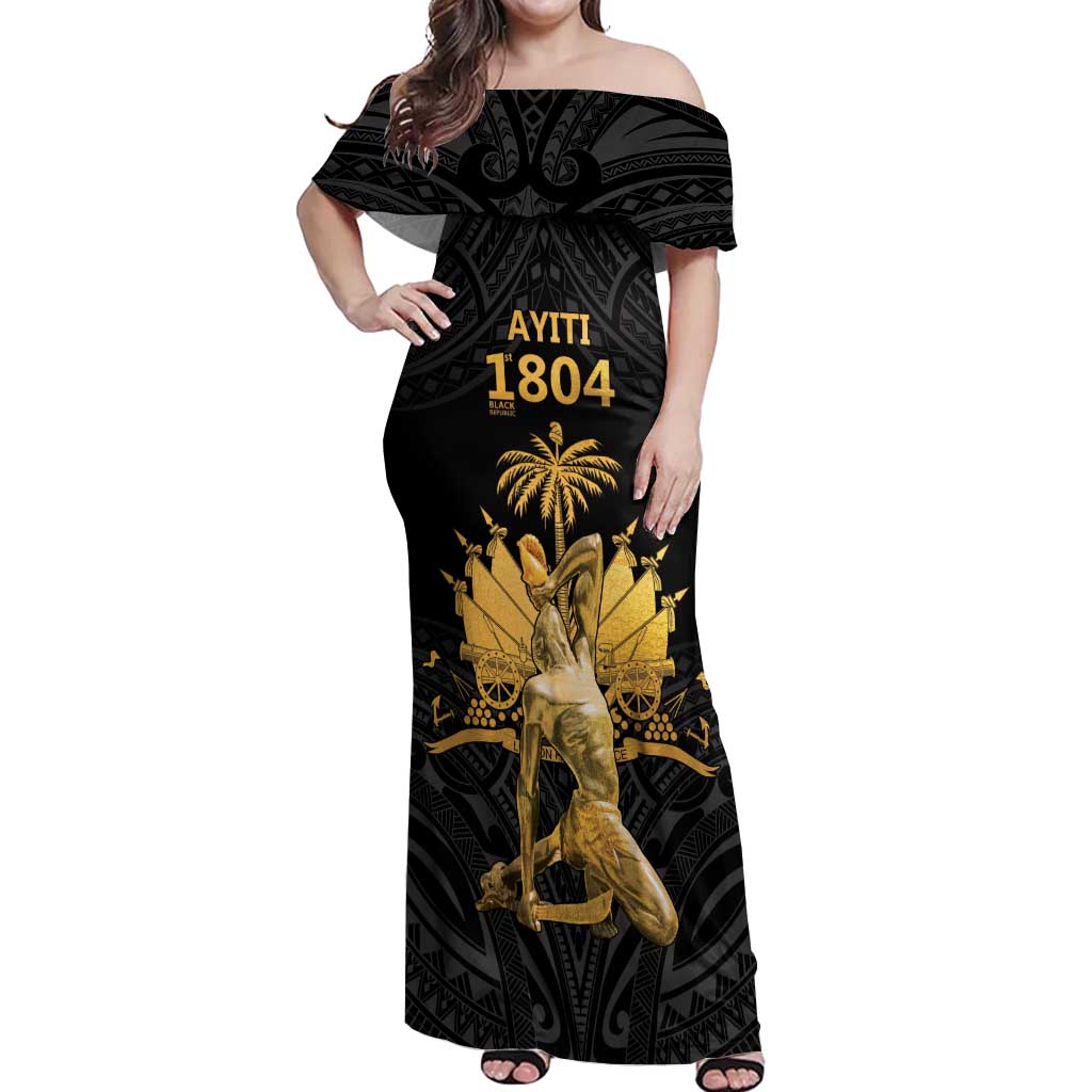 Haitian Negre Marron 1804 Off Shoulder Maxi Dress Black Polynesian Pattern LT9 Women Black - Polynesian Pride