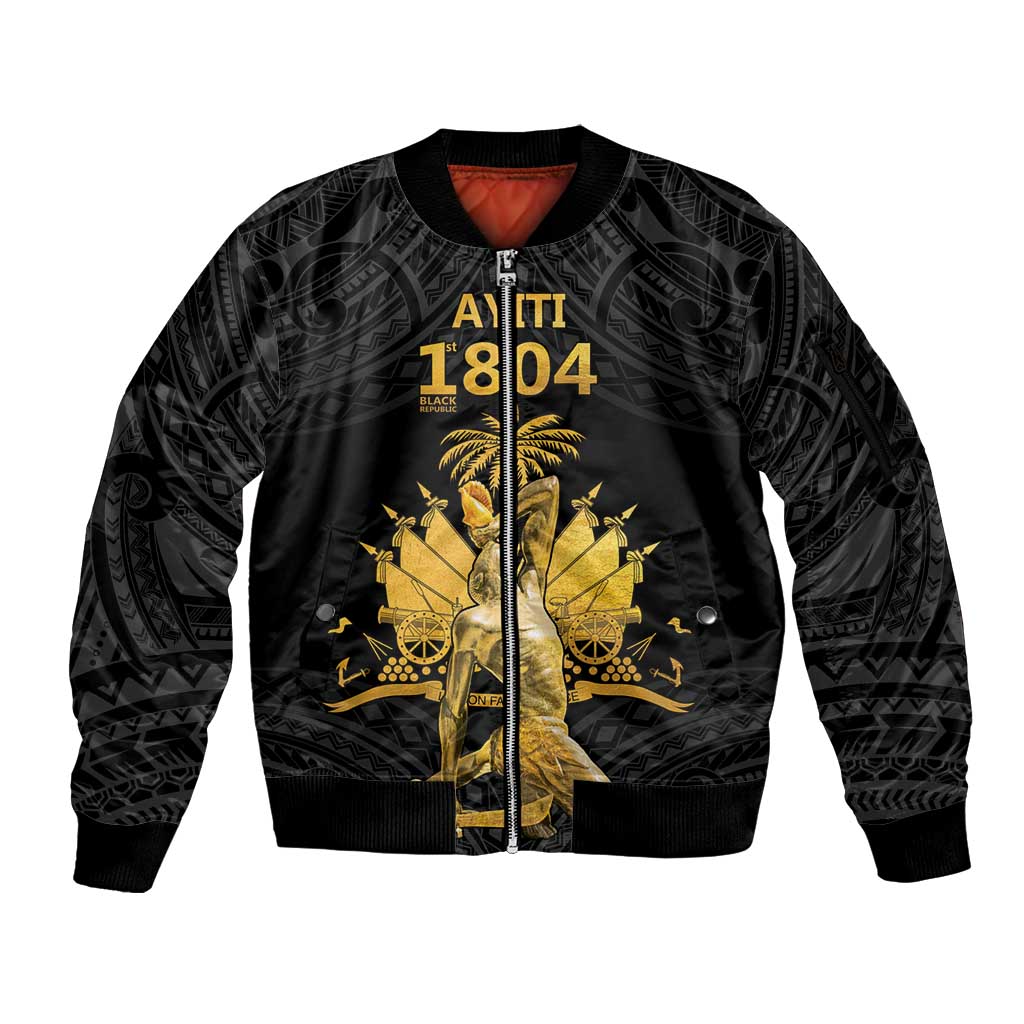 Haitian Negre Marron 1804 Sleeve Zip Bomber Jacket Black Polynesian Pattern LT9 Unisex Black - Polynesian Pride