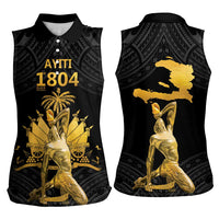 Haitian Negre Marron 1804 Women Sleeveless Polo Shirt Black Polynesian Pattern