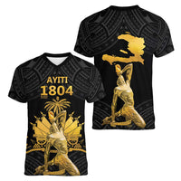 Haitian Negre Marron 1804 Women V-Neck T-Shirt Black Polynesian Pattern