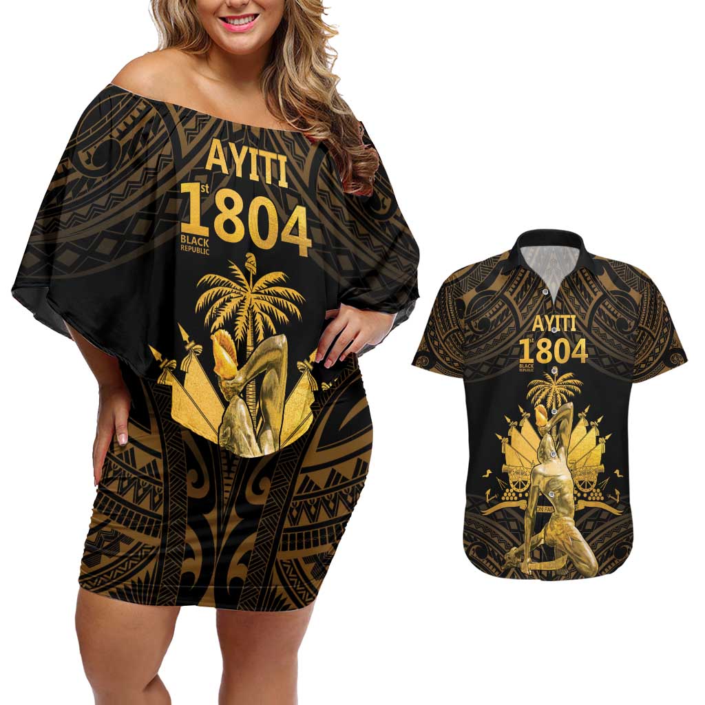 Haitian Negre Marron 1804 Couples Matching Off Shoulder Short Dress and Hawaiian Shirt Gold Polynesian Pattern