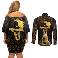 Haitian Negre Marron 1804 Couples Matching Off Shoulder Short Dress and Long Sleeve Button Shirt Gold Polynesian Pattern