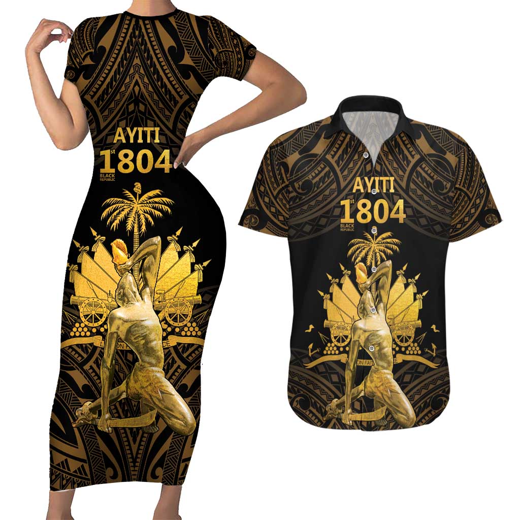 Haitian Negre Marron 1804 Couples Matching Short Sleeve Bodycon Dress and Hawaiian Shirt Gold Polynesian Pattern