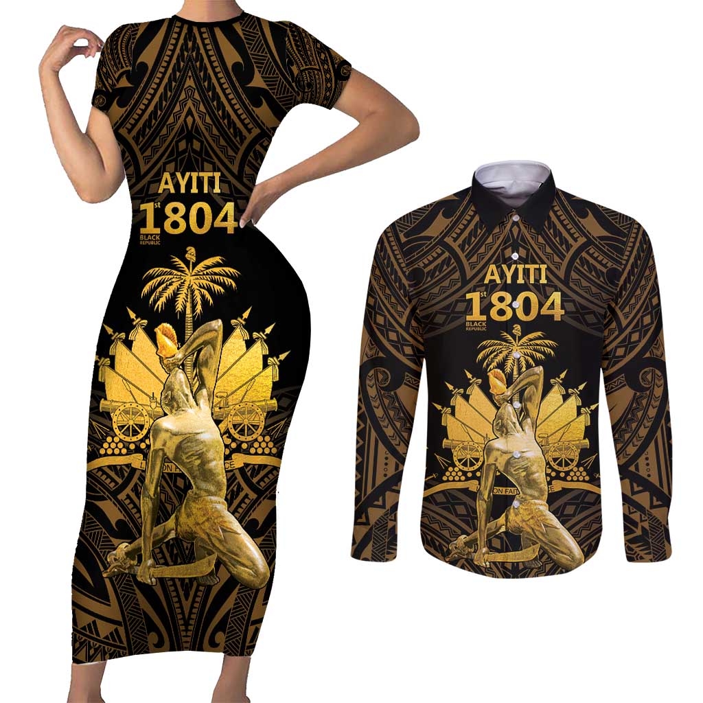 Haitian Negre Marron 1804 Couples Matching Short Sleeve Bodycon Dress and Long Sleeve Button Shirt Gold Polynesian Pattern