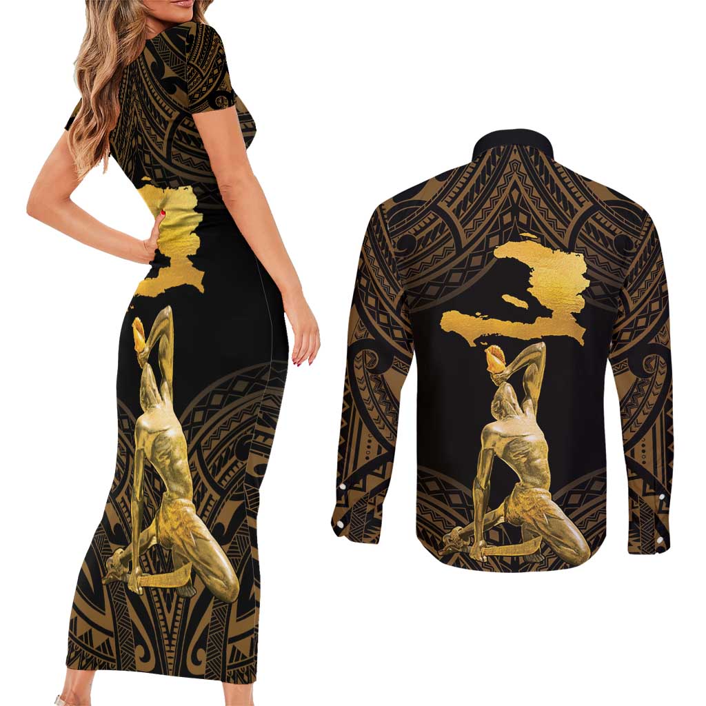 Haitian Negre Marron 1804 Couples Matching Short Sleeve Bodycon Dress and Long Sleeve Button Shirt Gold Polynesian Pattern