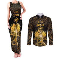 Haitian Negre Marron 1804 Couples Matching Tank Maxi Dress and Long Sleeve Button Shirt Gold Polynesian Pattern
