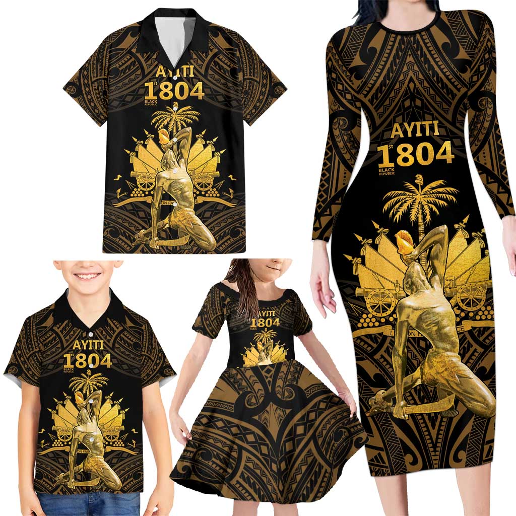 Haitian Negre Marron 1804 Family Matching Long Sleeve Bodycon Dress and Hawaiian Shirt Gold Polynesian Pattern