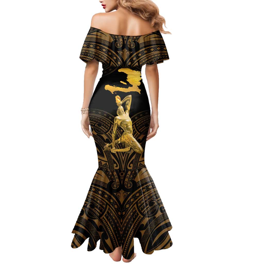 Haitian Negre Marron 1804 Family Matching Mermaid Dress and Hawaiian Shirt Gold Polynesian Pattern