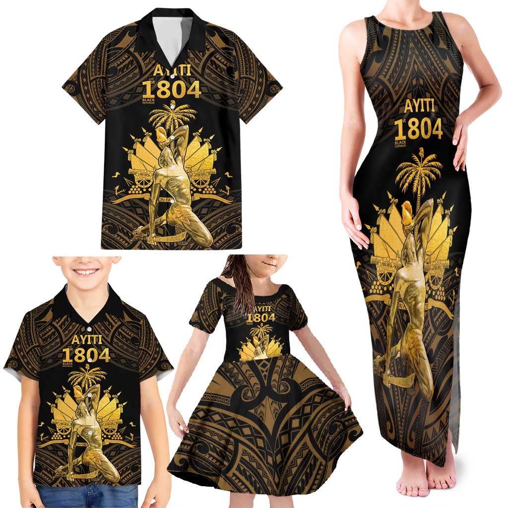 Haitian Negre Marron 1804 Family Matching Tank Maxi Dress and Hawaiian Shirt Gold Polynesian Pattern