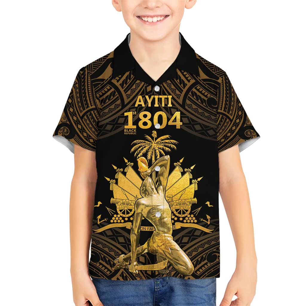 Haitian Negre Marron 1804 Family Matching Tank Maxi Dress and Hawaiian Shirt Gold Polynesian Pattern